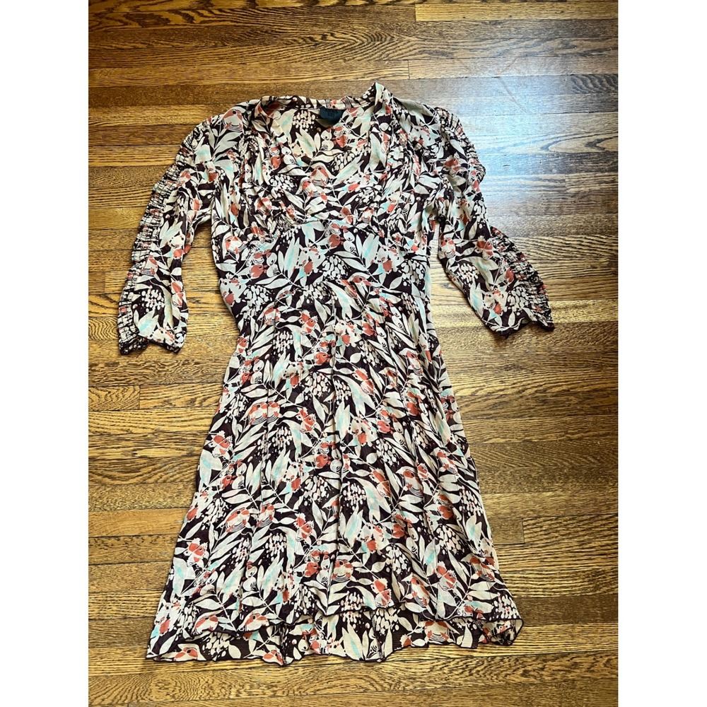 Anna Sui Vintage Y2K 100% Silk Bird Botanical‎ Print Smocked Midi Dress USA